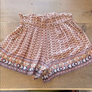 Angie High Waist Tribal Geometric Print Shorts - Rust and Cream